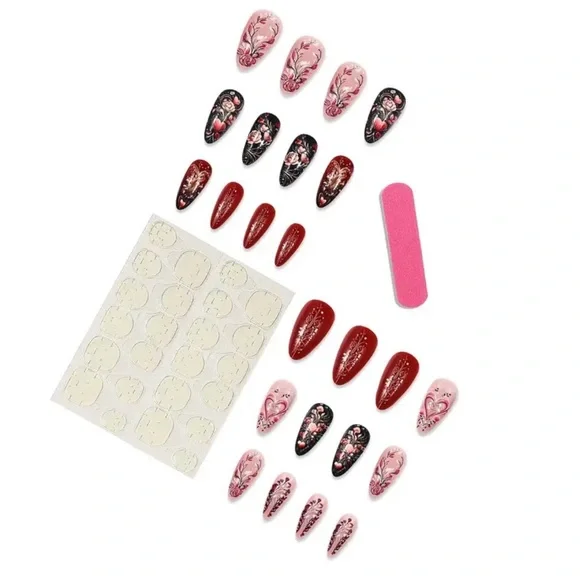 ♥️ 24 Pcs Hearts & Roses Press on Nail Set Almond Medium Length Fake Nails - Picture 3 of 10
